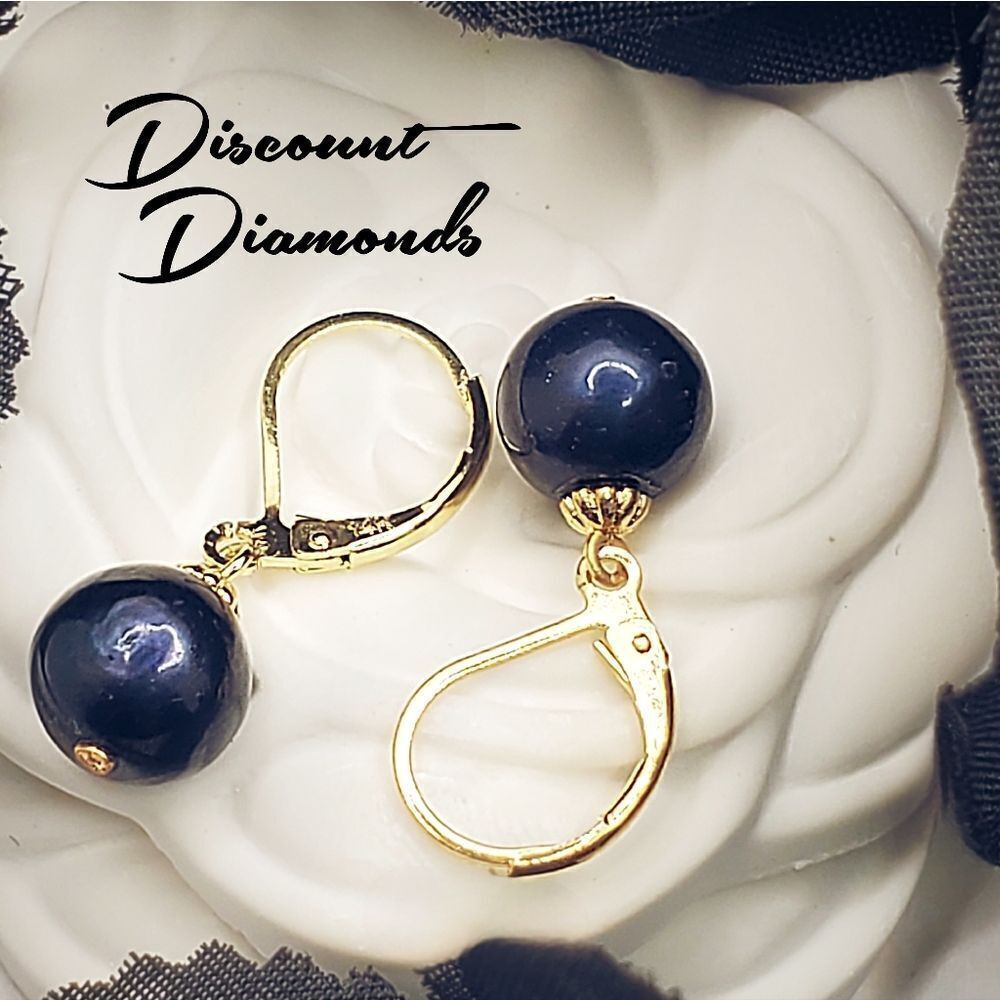 Natural Black South Sea Pearl Round Leverback Earrings on Solid 14K Yellow Gold